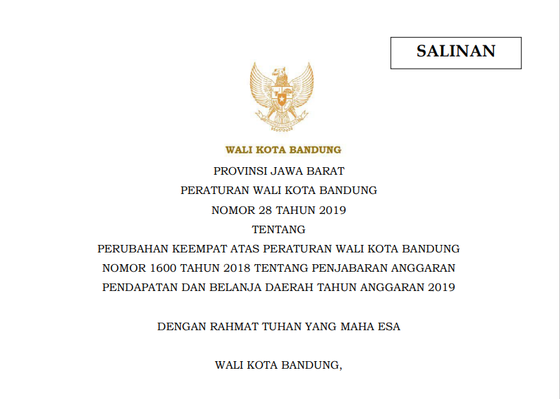 Cover Peraturan Wali Kota Bandung Nomor 28 Tahun 2019 tentang Perubahan Keempat Atas Peraturan Wali Kota Bandung Nomor 1600  Tahun 2018 tentang Penjabaran Anggaran Pendapatan Daerah dan Belanja Daerah Tahun Anggaran 2019