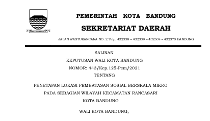 Cover Keputusan Wali Kota Bandung Nomor 443/Kep.125-Pem/2021 tentang Penetapan Lokasi Pembatasan Sosial Berskala Mikro Pada Sebagian Wilayah Kecamatan Rancasari Kota Bandung