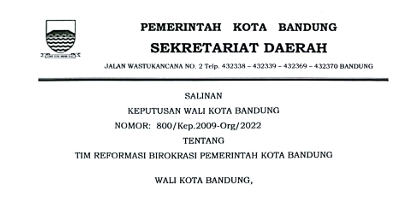 Cover Keputusan Wali Kota Bandung Nomor 800/Kep.2009-Org/2022 tentang Tim Reformasi Birokrasi Pemerintah Kota Bandung