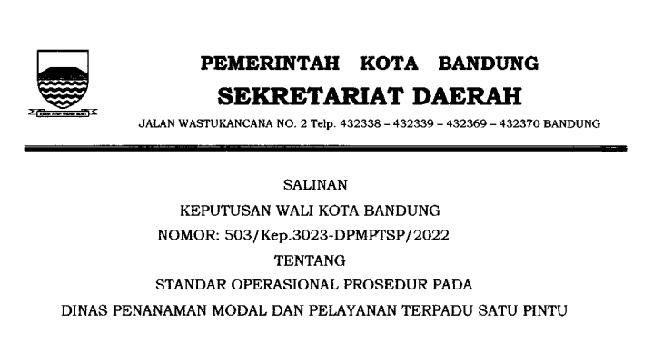 Cover Keputusan Wali Kota Bandung Nomor 503/Kep.3023-DPMPTSP/2022 tentang Standar Operasional Prosedur Pada Dinas Penanaman Modal dan Pelayanan Terpadu Satu Pintu