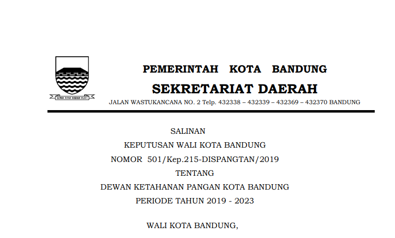 Cover Keputusan Wali Kota Bandung Nomor 501/Kep.215-DISPANGTAN/2019 Tahun 2019 tentang Dewan Ketahanan Pangan Kota Bandung Periode Tahun 2019 - 2023