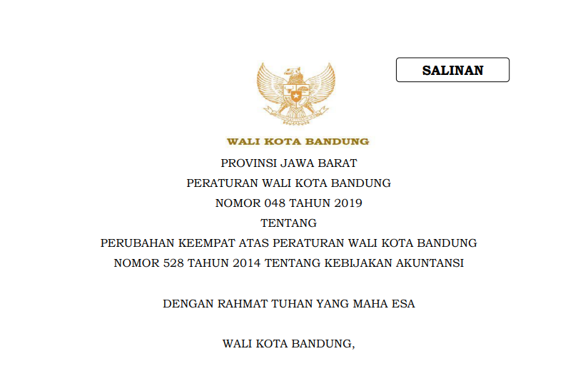 Cover Peraturan Wali Kota Bandung Nomor 048 Tahun 2019 tentang Perubahan Keempat Atas Peraturan Wali Kota Bandung Nomor 528 Tahun 2014 Tentang Kebijakan Akuntansi