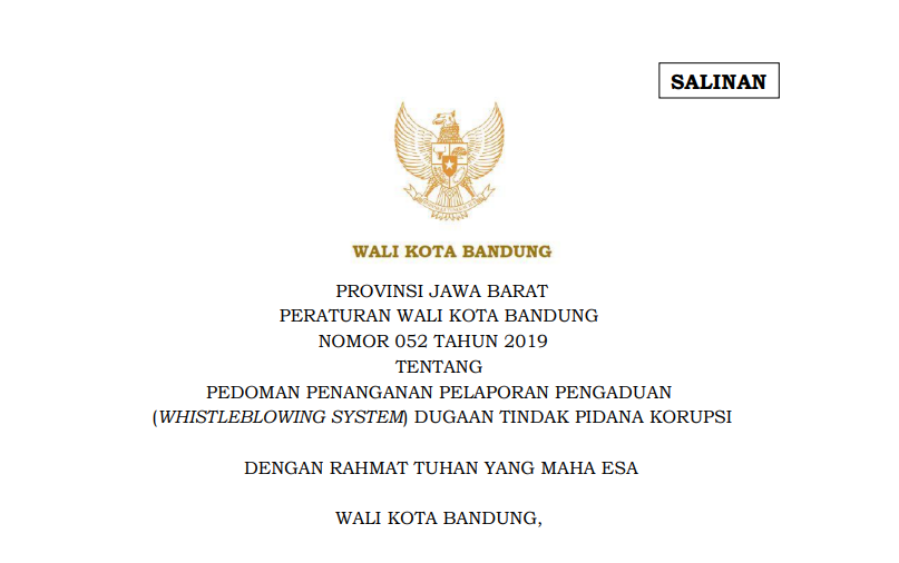 Cover Peraturan Wali Kota Bandung Nomor 5 Tahun 2019 tentang Pedoman Penanganan  Pelaporan Pengaduan (Whistleblowing System) Dugaan Tindak Pidana Korupsi