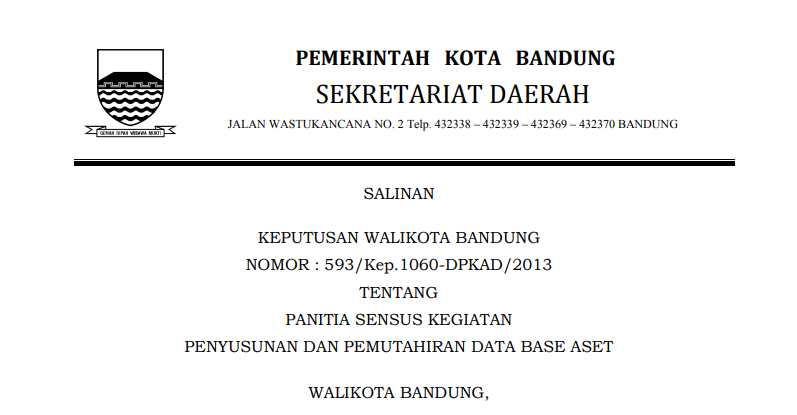 Cover Keputusan Wali Kota Bandung Nomor 593/Kep.1060-DPKAD/2013 tentang Panitia Sensus Kegiatan Penyusunan dan Pemutahiran Data Base Aset