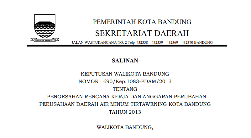 Cover Keputusan Wali Kota Bandung Nomor 690/Kep.1083-PDAM/2013 tentang Pengesahan Rencana Kerja dan Anggaran Perubahan Perusahaan Daerah Air Minum Tirtawening Kota Bandung Tahun 2013