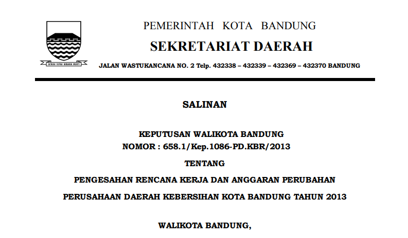 Cover Keputusan Wali Kota Bandung Nomor 658.1/Kep.1086-PD.KBR/2013 tentang Pengesahan Rencana Kerja dan Anggaran Perubahan Perusahaan Daerah Kebersihan Kota Bandung Tahun 2013