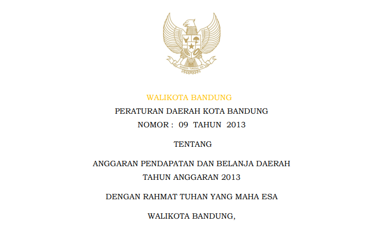 Cover Peraturan Daerah Kota Bandung Nomor 9 Tahun 2013 tentang Anggaran Pendapatan dan Belanja Daerah Tahun Anggaran 2013.