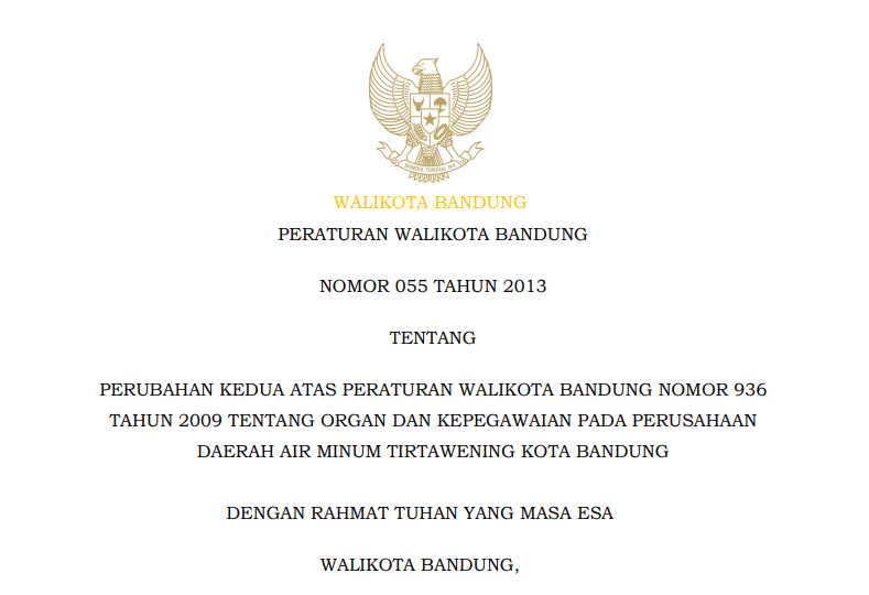 Cover Peraturan Wali Kota Bandung Nomor 55 Tahun 2013 tentang Perubahan Kedua Atas Peraturan Wali Kota Bandung Nomor 936 Tahun 2009 Tentang Organ dan Kepegawaian Pada Perusahaan Daerah Air minum