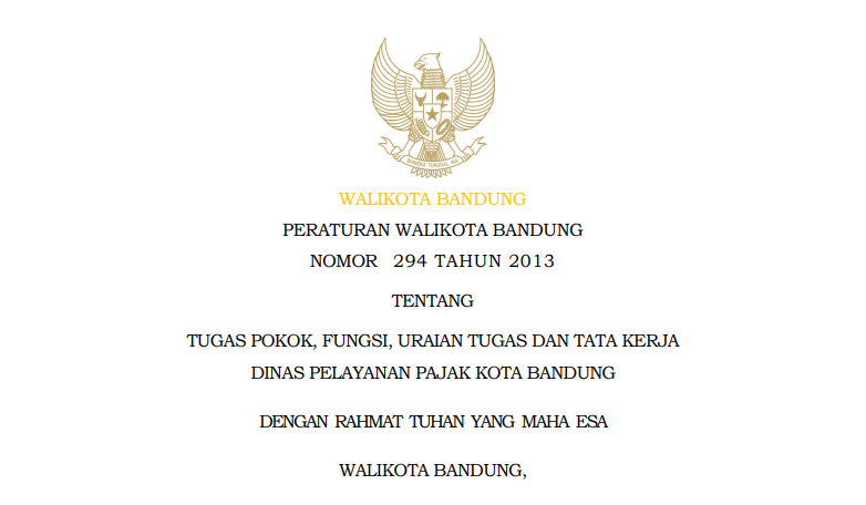 Cover Peraturan Wali Kota Bandung Nomor 294 Tahun 2013 tentang Tugas Pokok, Fungsi, Uraian Tugas dan Tata Kerja Dinas Pelayanan Pajak Kota Bandung