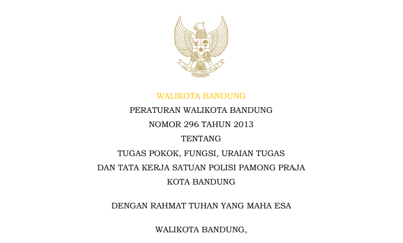 Cover Peraturan Wali Kota Bandung Nomor 296 Tahun 2013 tentang Tugas Pokok, Fungsi, Uraian Tugas dan Tata Kerja Satuan Polisi Pamaong Praja Kota Bandung.