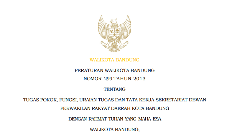 Cover Peraturan Wali Kota Bandung Nomor 299 Tahun 2013 tentang Tugas Pokok, Fungsi, Uraian Tugas dan Tata Kerja Sekretariat Dewan Perwakilan Rakyat Daerah Kota Bandung.