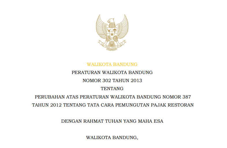 Cover Peraturan Wali Kota Bandung Nomor 302 Tahun 2013 tentang Perubahan Atas Peraturan Walikota Bandung Nomor 387 Tahun 2012 Tentang Tata Cara Pemungutan Pajak Restoran