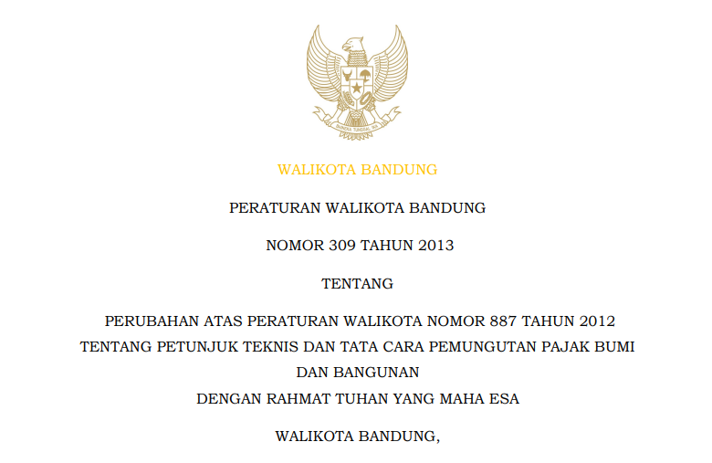 Cover Peraturan Wali Kota Bandung Nomor 309 Tahun 2013 tentang Perubahan Atas Peraturan Wali Kota Bandung Nomor 887 Tahun 2012 tentang Tata Cara Pemungutan Pajak Bumi dan Bangunan