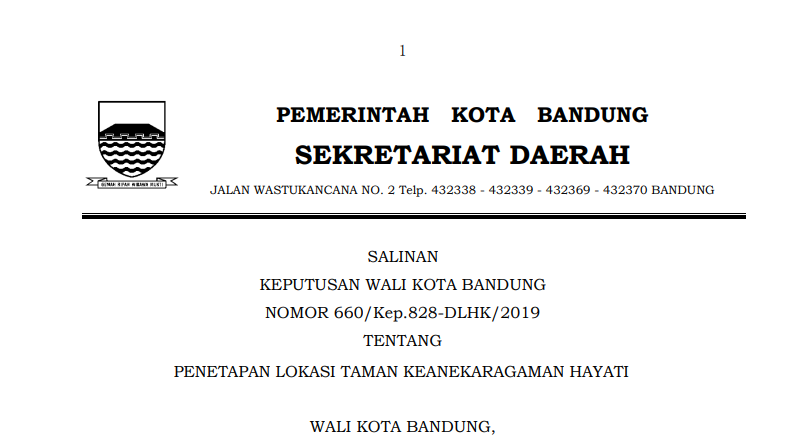 Cover Keputusan Wali Kota Nomor 660/Kep.828-DLHK/2019 Tahun 2019 tentang Penetapan Lokasi Taman Keanekaragaman Hayati