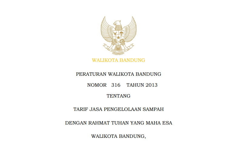 Cover Peraturan Wali Kota Bandung Nomor 316 Tahun 2013 tentang Tarif Jasa Pengelolaan Sampah