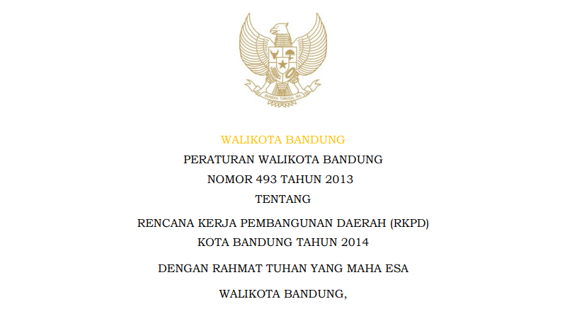 Cover Peraturan Wali Kota Bandung Nomor 493 Tahun 2013 tentang Rencana Kerja Pembangunan Daerah (RKPD) Kota Bandung Tahun 2014.