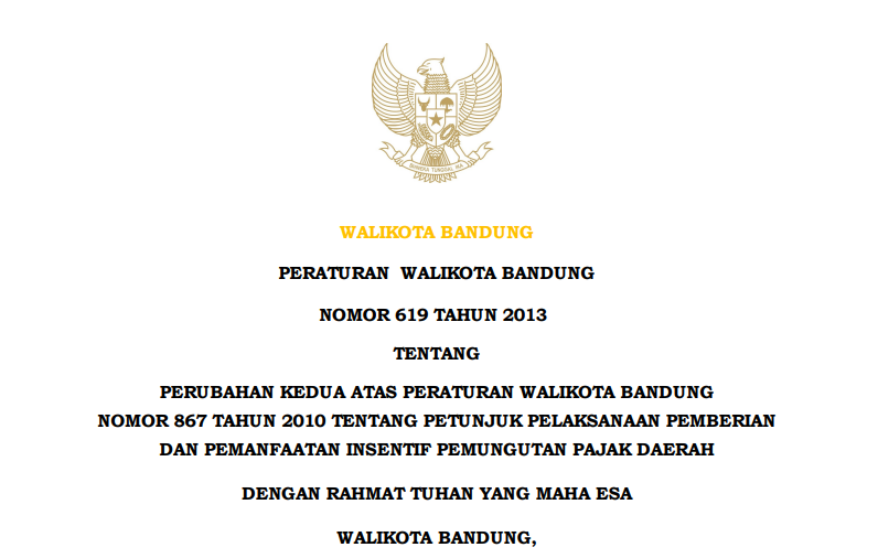 Cover Peraturan Wali Kota Bandung Nomor 619 Tahun 2013 tentang Perubahan Kedua Atas Peraturan Walikota Bandung Nomor 867 Tahun 2010 Tentang Petunjuk Pelaksanaan Pemberian dan Pemanfaatan Insentif Pemungutan Pajak Daerah