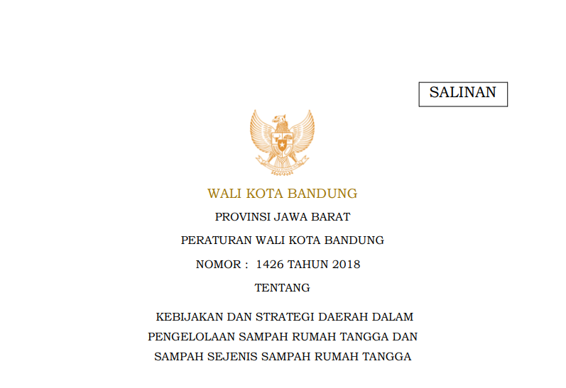 Cover Peraturan Wali Kota Bandung Nomor 1426 Tahun 208 tentang Kebijakan dan Strategi Daerah dalam Pengelolaan Sampah Rumah Tangga dan Sampah Sejenis Sampah Rumah Tangga