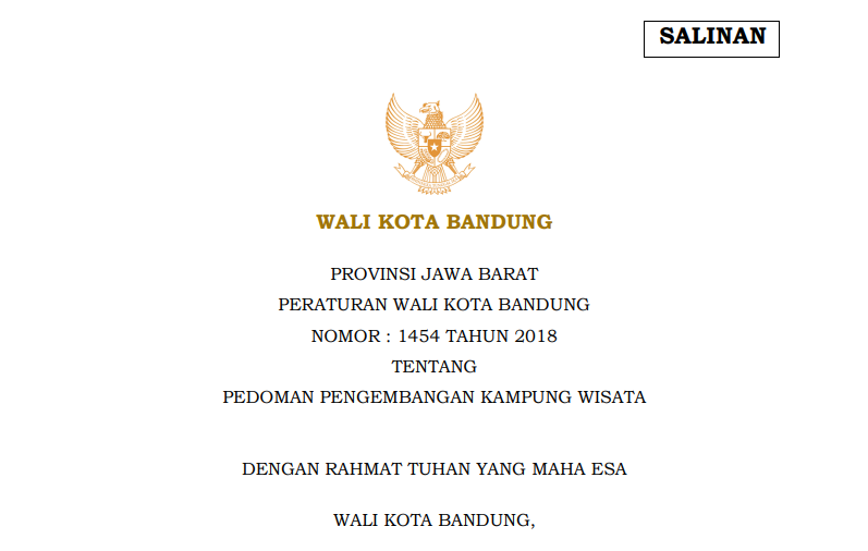 Cover Peraturan Wali Kota Bandung Nomor 1454 Tahun 2018 tentang Pedoman Pengembangan Kampung Wisata