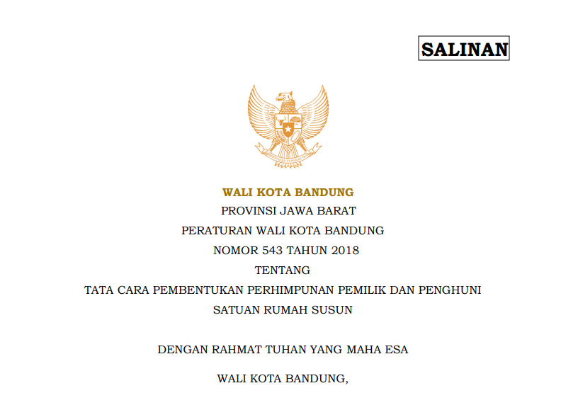 Cover Peraturan Wali Kota Bandung Nomor 543 Tahun 2018 tentang Tata Cara Pembentukan Perhimpunan Pemilik dan Penghuni Satuan Rumah Susun