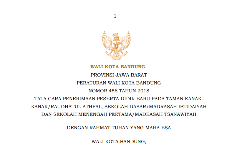 Cover Peraturan Wali Kota Bandung Tahun 456 Tahun 2018 tentang Tata Cara Penerimaan Peserta Didik Baru pada Taman Kanak Kanak/ Raudhatul Athfal, Sekolah Dasar/Madrasah Ibtidaiyah dan Sekolah Menengah Pertama/Madrasah Tsanawiyah