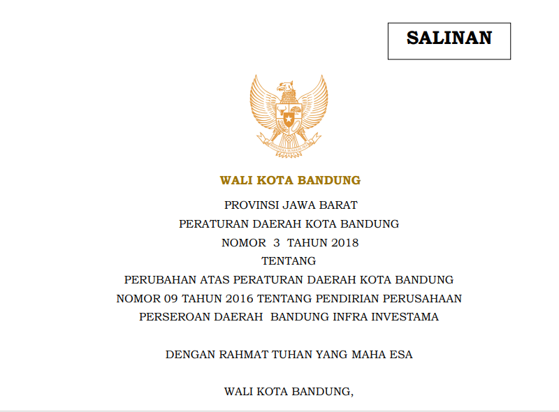 Cover Peraturan Daerah Nomor 3 Tahu 2018 tentang Perubahan Atas Peraturan Daerah Kota Bandung Nomor 09 Tahun 2016 tentang Pendirian Perusahaan Perseroan Daerah Bandung Infra Investama