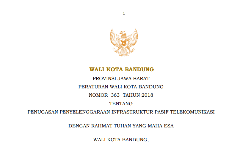 Cover Peraturan Wali Kota Bandung Nomor 363 Tahun 2018 tentang Penugasan Penyelenggaraan Infrastruktur Pasif Telekomunikasi