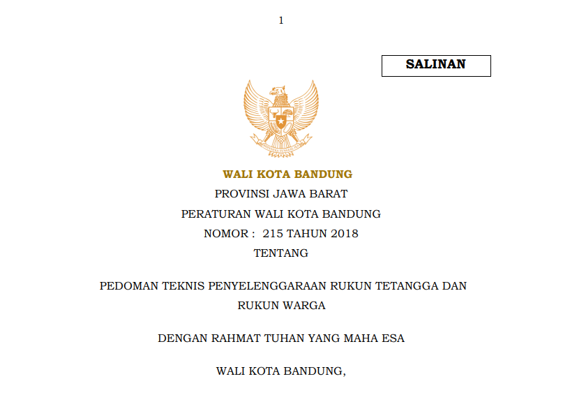 Cover Peraturan Wali Kota Bandung Nomor 215 tentang Pedoman Teknis Penyelenggaraan Rukun Tetangga dan Rukun Warga