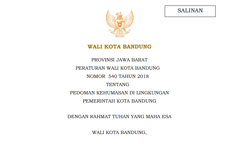 Cover Peraturan Wali Kota Bandung Nomor 540 Tahun 2018 tentang Pedoman Kehumasan di Lingkungan Pemerintah Kota Bandung