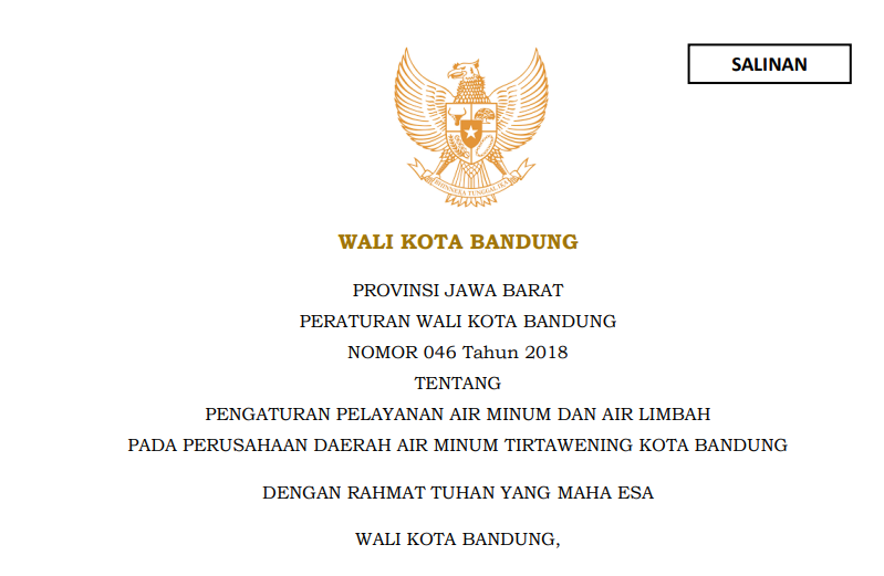 Cover Peraturan Wali Kota Bandung Nomor 46 Tahun 2018 tentang Pengaturan Pelayanan Air Minum dan Air Limbah pada Perusahaan Daerah Air Minum Tirtawening Kota Bandung