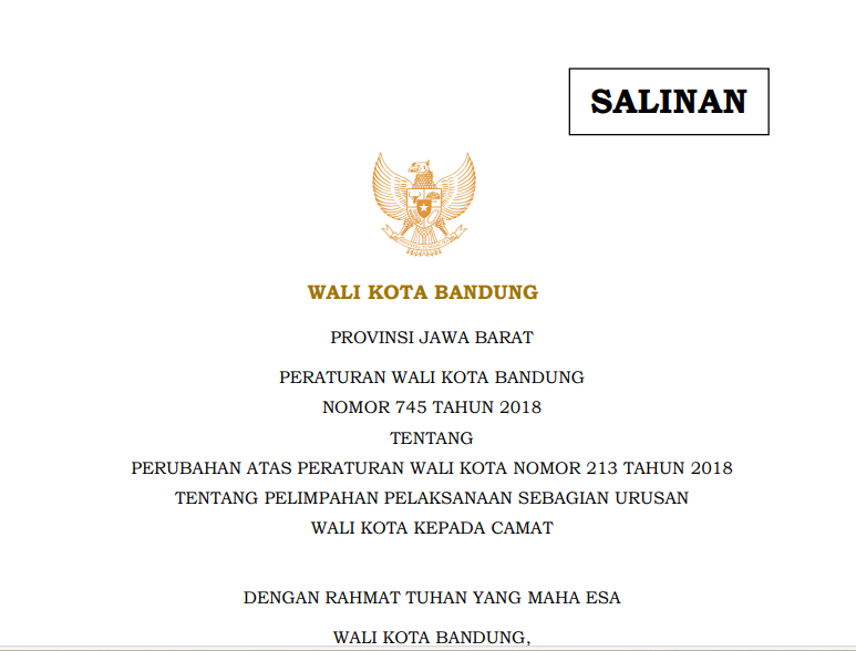 Cover Peraturan Wali Kota Bandung Nomor 745 Tahun 2018 tentang Perubahan Atas Peraturan Wali Kota Nomor 213 Tahun 2018 tentang Pelimpahan Pelaksanaan Sebagian Urusan Wali Kota Kepada  Camat