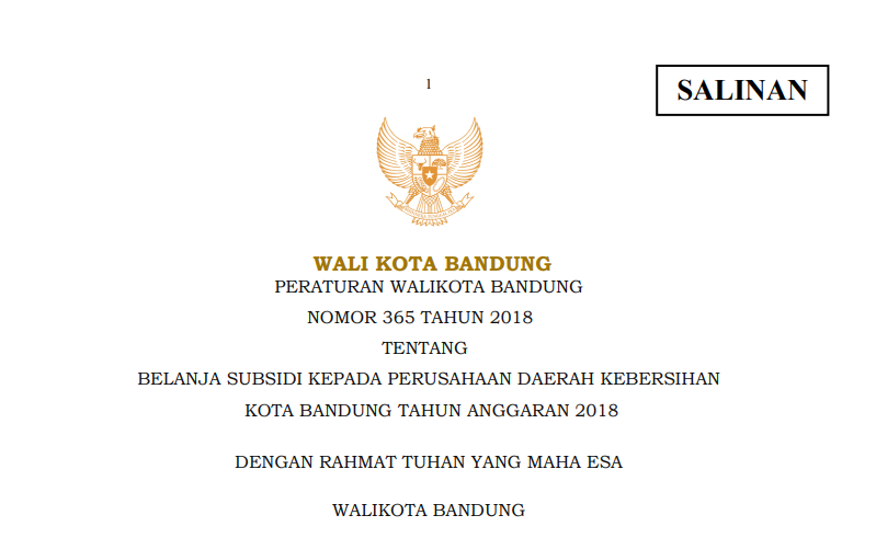 Cover Peraturan wali Kota Bandung Nomor 365 tentang Belanja Subsidi Kepada Perusahaan Daerah Kebersihan Kota Bandung Tahun Anggaran 2018