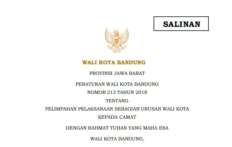 Cover Perarturan Wali Kota Bandung Nomor 213 Tahun 2018 tentang Pelimpahan Pelaksanaan Sebagian Urusan Wali Kota Kepada Camat