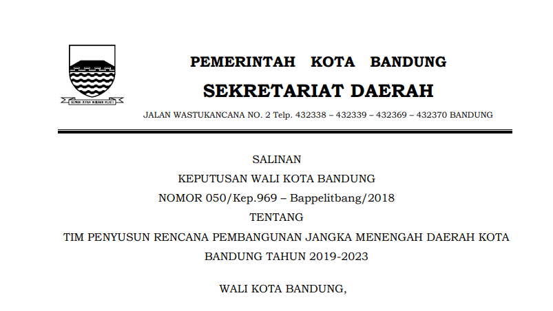 Cover Keputusan Wali Kota Bandung Nomor 050/Kep.969 - Bappelitbang/2018  Tahun 2018 tentang  Tim Penyusun Rencana Pembangunan Jangka Menengah Daerah Kota Bandung Tahun 2019-2023