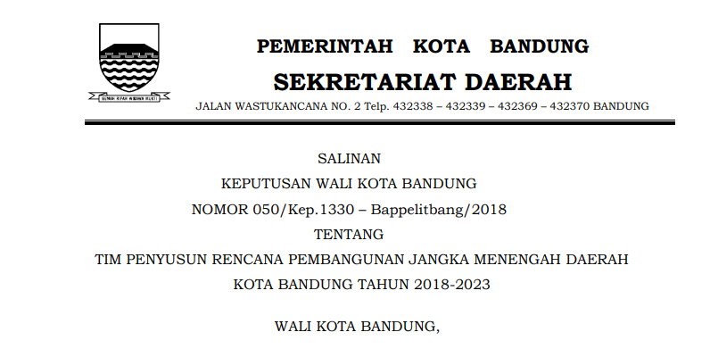 Cover Keputusan Wali Kota Bandung Nomor 050/Kep.1330 - Bappelitbang/2018 tentang Tim Penyusun Rencana Pembangunan Jangka Menengah Daerah Kota Bandung Tahun 2018-2023