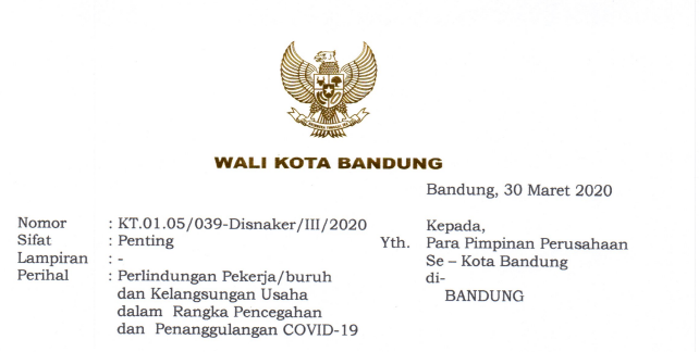 Cover Surat Edaran Wali Kota Bandung Nomor KT.O1.05/039-Disnaker/III/2020 tentang Perlindungan Pekerja/buruh Dan Kelangsungan Usaha Dalam Rangka Pencegahan Dan Penanggulangan Covid 19