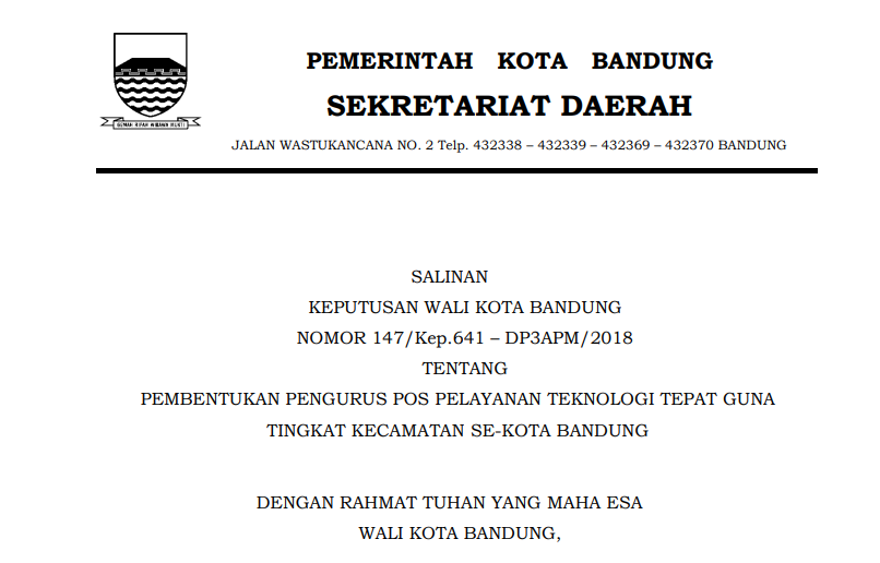 Cover Keputusan Wali Kota Bandung Nomor 147/Kep.641 - DP3APM/2018 Tahun 2018 tentang Pembentukan Pengurus Pos Pelayanan Teknologi Tepat Guna Tingkat Kecamatan  Se-Kota Bandung