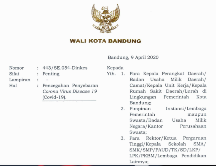 Cover Surat Edaran Wali Kota Bandung Nomor 443/SE.054-Dinkes tentang Pencegahan Penyebaran Corona Virus Disease 1 9 (COVID-19)