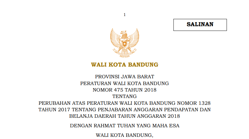 Cover Peraturan Wali Kota Bandung Nomor 475 Tahun 2018 tentang Perubahan Atas Peraturan Wali Kota Bandung Nomor 1328 Tahun 2017 tentang Penjabaran Anggaran Pendapatan dan Belanja Daerah Tahun Anggaran 2018