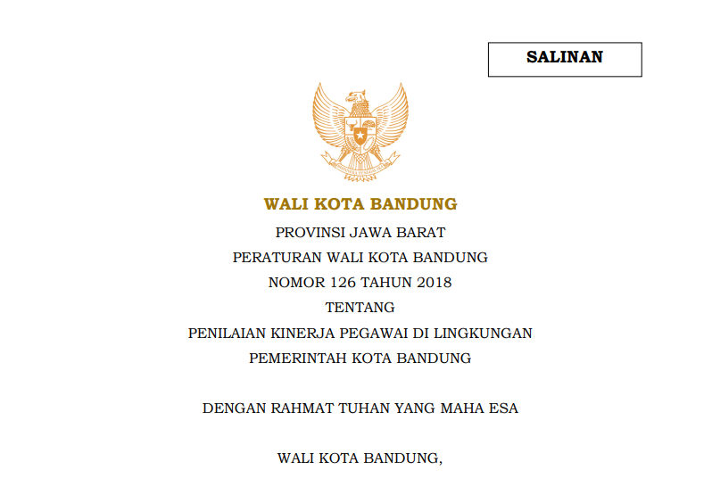 Cover Peraturan Wali Kota Bandung Nomor 126 Tahun 2018  tentang Penilaian Kinerja Pegawai di Lingkungan Pemerintah Kota Bandung