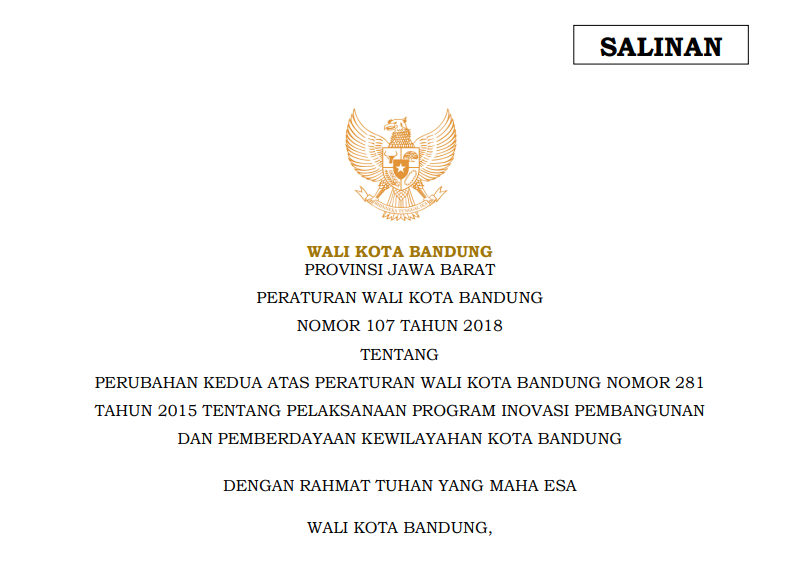 Cover Peraturan Wali Kota Bandung Nomor 107 Tahun 2018 tentang Perubahan Kedua Atas Peraturan Wali Kota Bandung Nomor 281 Tahun 2015 tentang Pelaksanaan Program Inovasi Pembangunan dan Pemberdayaan Kewilayahan Kota Bandung