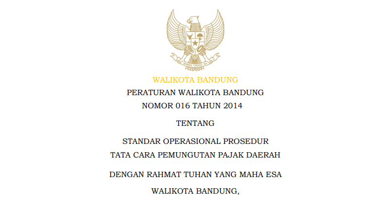 Cover Peraturan Wali Kota Bandung Nomor 16 Tahun 2014 tentang Standar Operasional Prosedur Tata Cara Pemungutan Pajak Daerah