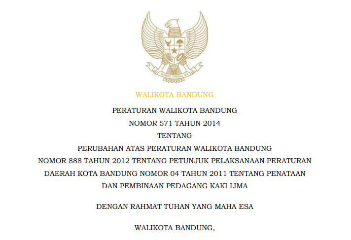 Cover Perubahan Atas Peraturan Walikota Bandung  Nomor 888 Tahun 2012 tentang Petunjuk Pelaksanaan Peraturan Daerah Kota Bandung Nomor 04 Tahun 2011 tentang Penataan dan Pembinaan Pedagang Kaki Lima