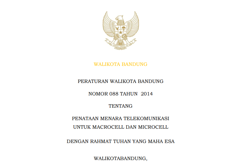 Cover Peraturan Wali Kota Bandung Nomor 88 Tahun 2014 tentang Penataan Menara Telekomunikasi untuk Macrocell, dan Microcell.