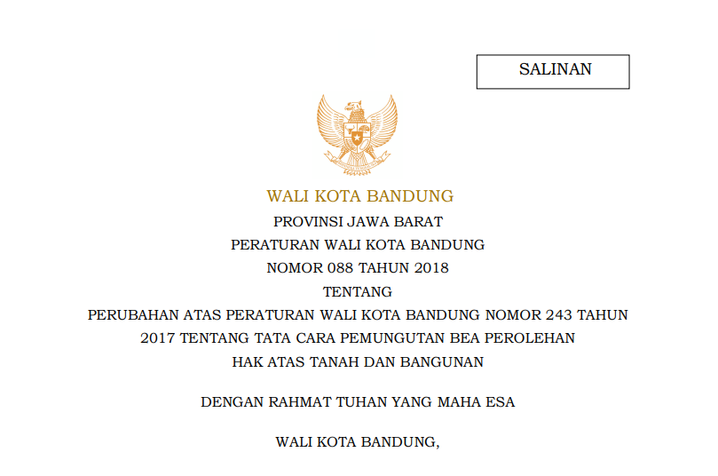 Cover Peraturan Wali Kota Bandung Nomor 88 tahun 2018 tentang Perubahan Atas Peraturan  Wali Kota Bandung Nomor 243 Tahun 2017 tentang Tata Cara Pemungutan Bea Perolehan Hak Atas Tanah dan Bangunan