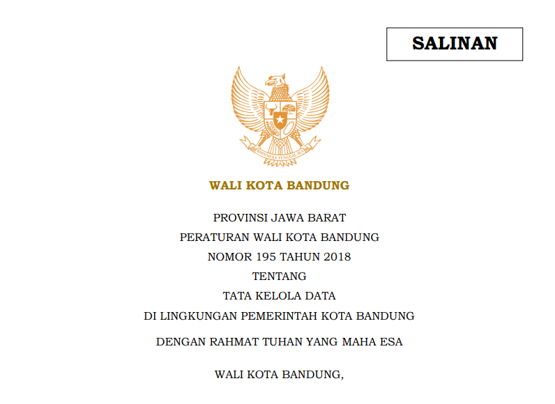 Cover Peraturan Wali Kota Bandung Nomor 195 tahun 2018 tentang Tata Kelola Data di Lingkungan Pemerintah Kota Bandung