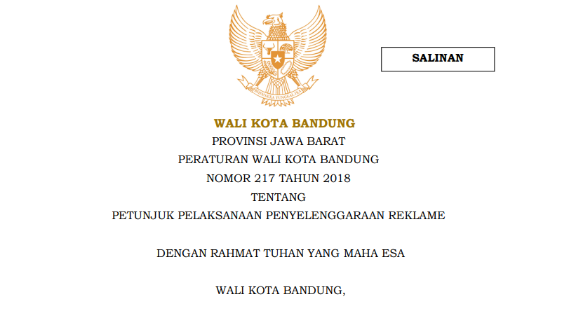 Cover Peraturan Wali Kota Bandung Nomor 217 Tahun 2018 tentang Petunjuk Pelaksanaan Penyelenggaraan  Reklame