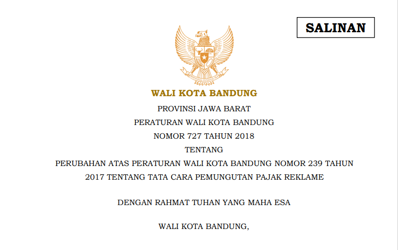 Cover Peraturan Wali Kota Bandung Nomor 727 Tahun 2018 tentang Perubahan Atas Peraturan Wali Kota Bandung Nomor 239 Tahun 2017 tentang Tata Cara Pemungutan Pajak Reklame