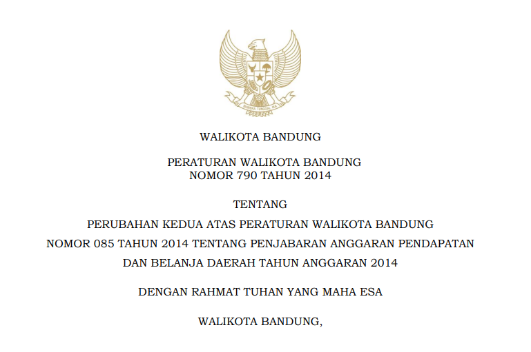 Cover Peraturan Wali Kota Bandung Nomor 790 Tahun 2014 tentang Perubahan Kedua Atas Peraturan Wali Kota Bandung Nomor 085 Tahun 2014 tentang Penjabaran Anggaran Pendapatan dan Belanja Daerah Tahun Anggaran 2014.