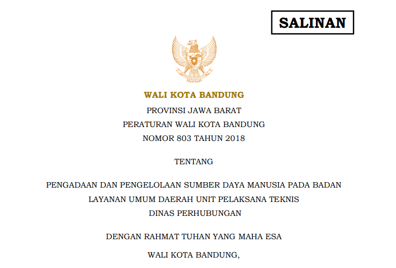 Cover Peraturan Wali Kota Bandung Nomor 803 Tahun 2018 tentang Pengadaan dan Pengelolaan Sumber Daya Manusia pada Badan Layanan Umum Daerah Unit Pelaksana Teknis Dinas Perhubungan